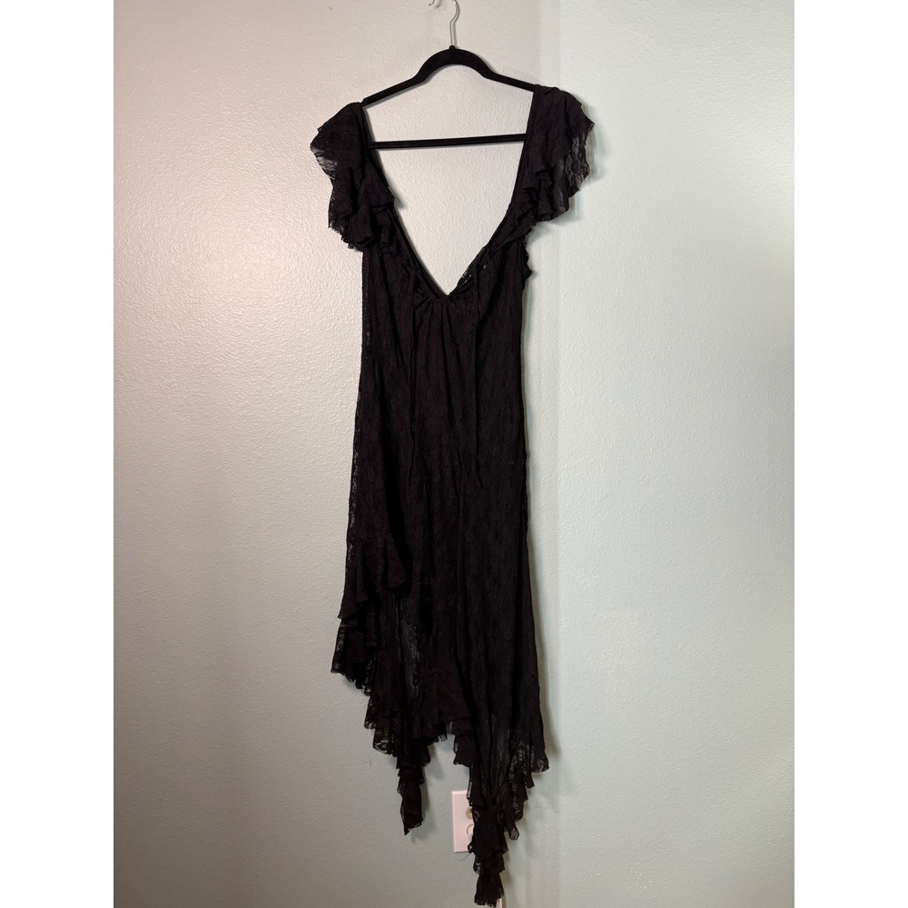 Kimchi Blue Black Pure Lace Flutter Sleeve High-Low Asymmetric Midi Dress L